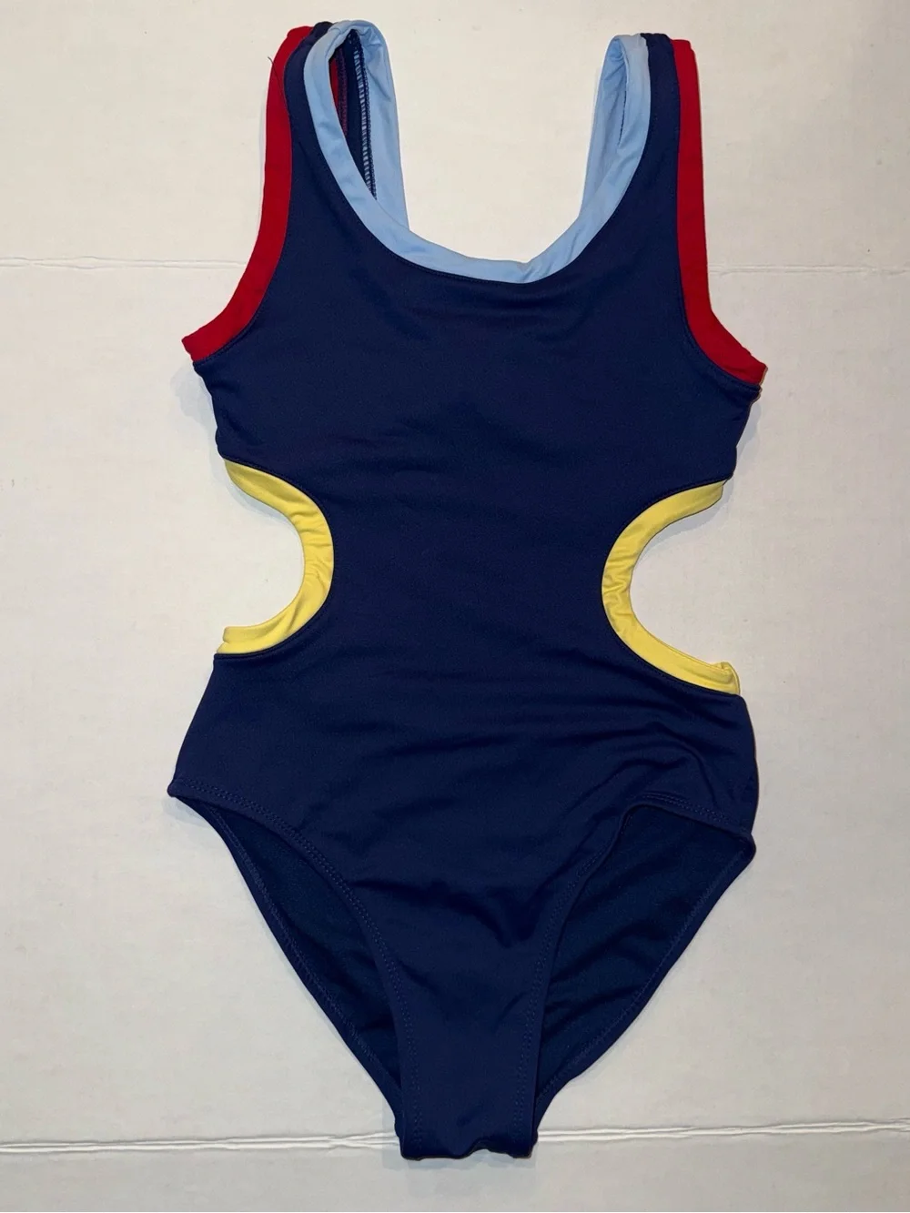 Habitual Navy One-Piece with Red Shoulder Straps & Yellow Cutout Trim